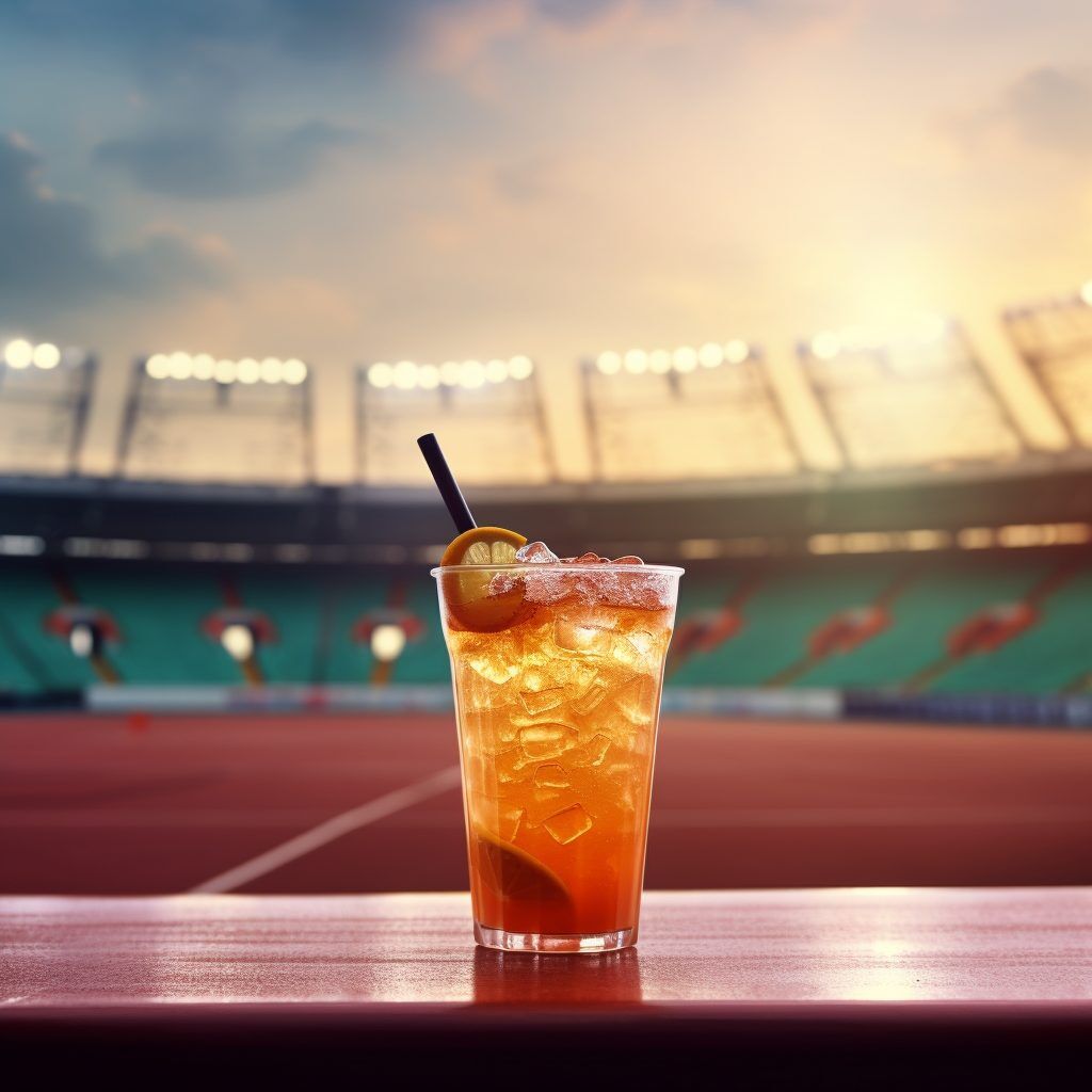 An electrolyte drink sitting in a sports stadium