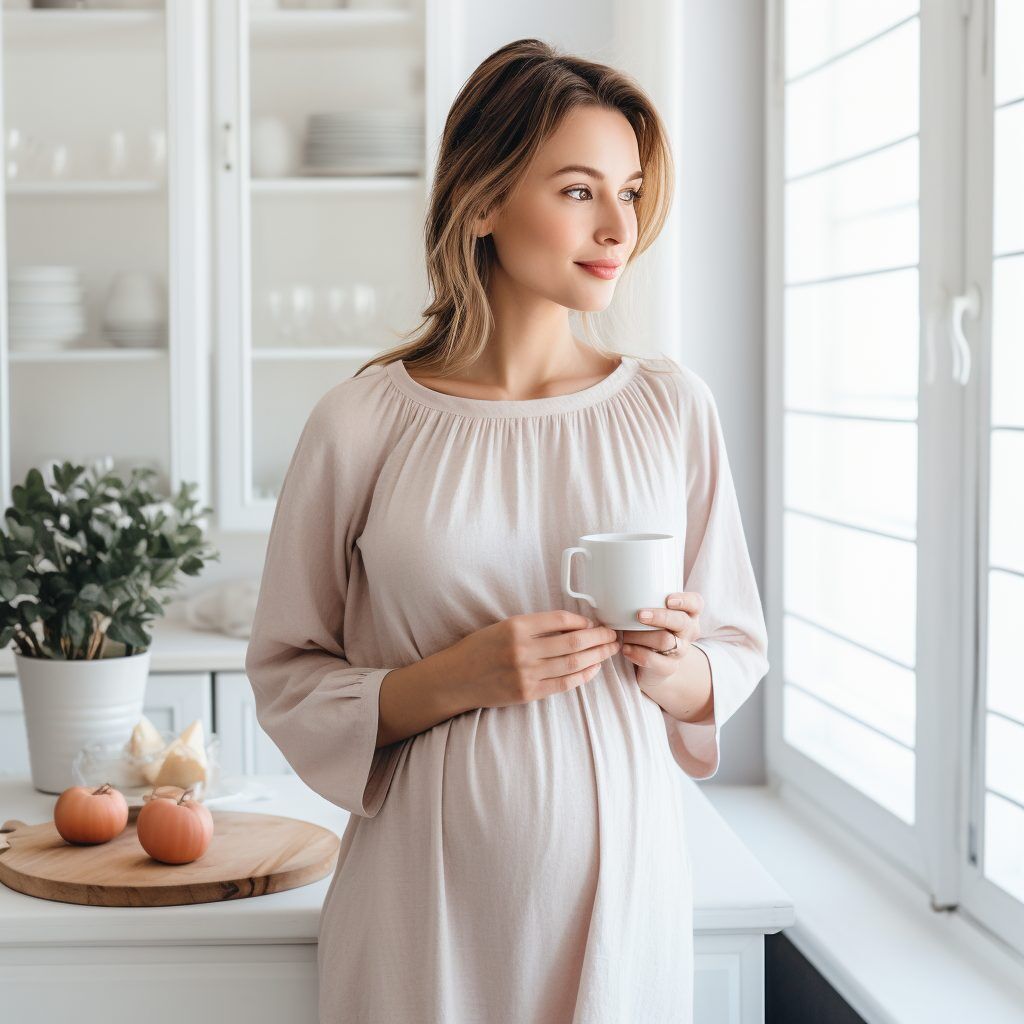 Pregnant woman stands near a window with a cup of coffee