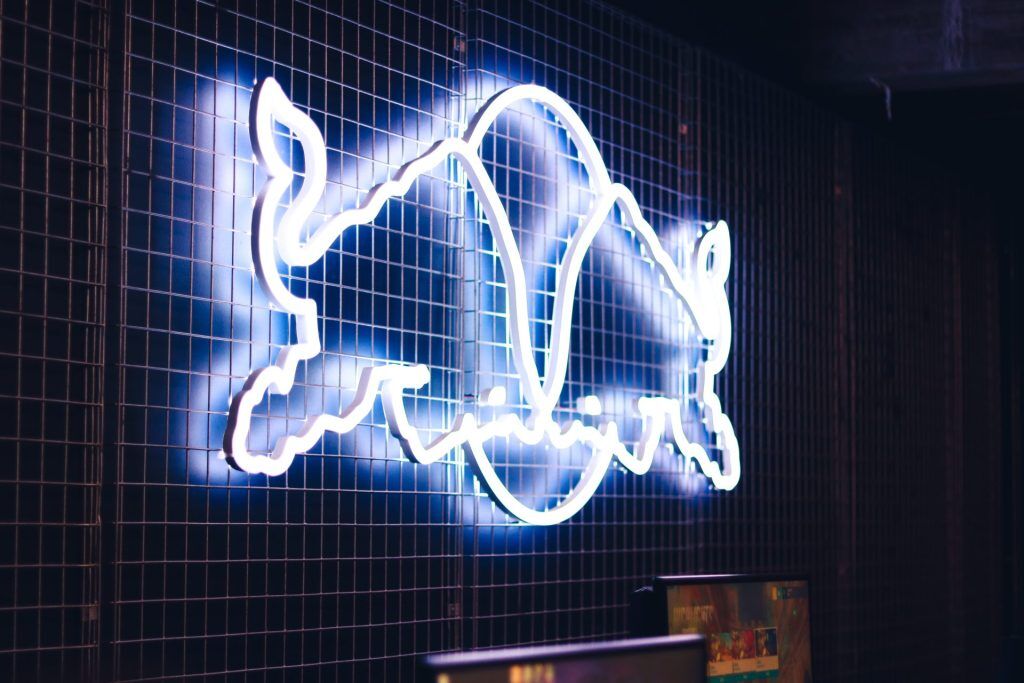 Red Bull neon logo in a bar